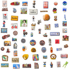 Set of 70 souvenir refrigerator magnets isolated on white from different cities of the world....