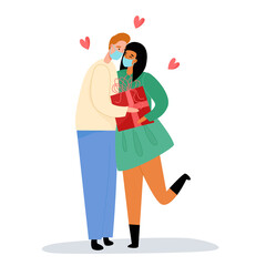 Man in medical face mask gives a gift to his beloved girlfriend. Valentine's day during Covid-19 pandemic concept.