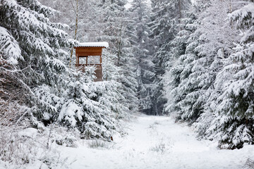 Hochsitz in der Winterlandschaft mit Neuschnee