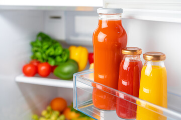 Glass bottle of juice on a fridge shelf