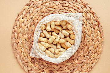 The concept of Zero waste. Reusable bag with nuts. Ecology and conservation of environment.