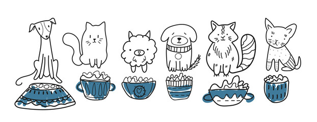 Cute pets. Marker style, different cats, and dogs with plates filled up with food. Cute animals set. Vector lined illustration.