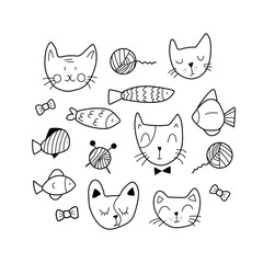 The cute set of animal faces includes 15 elements, like decorative knitting, fish, and cats' happy and sad faces for stickers. It's a modern and clean look. Line up style, doodle, vector illustration.