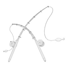 Fishing rod with line sinker and hook. Wireframe low poly mesh vector illustration.