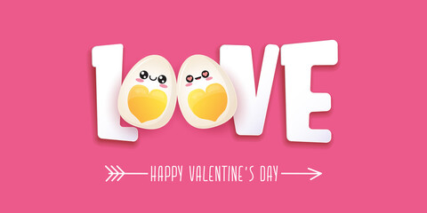 vector funny valentines day horizontal banner with cute egg character isolated on pink background. Happy Valentines day cartoon funky banner or poster.