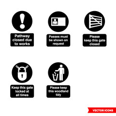 Forestry safety mandatory sings icon set of black and white types. Isolated vector sign symbols. Icon pack.