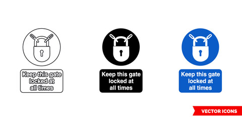 Keep this gate locked at all times mandatory sign icon of 3 types color, black and white, outline. Isolated vector sign symbol.