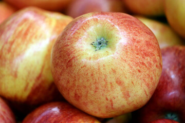 Red apples close up. Fresh harvest, ripe fruits on farm market