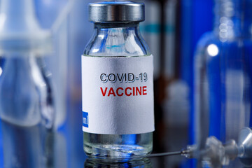 filetta di vetro del vaccino anti-covid  con siringa e altri contenitori da laboratorio posti su...