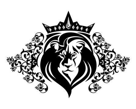 african lion king wearing royal crown among rose flowers heraldic decor - black and white vector coat of rams design