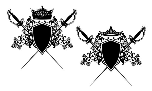 crossed epee swords and royal crown with heraldic shield among rose flowers - vintage style security concept black and white vector design