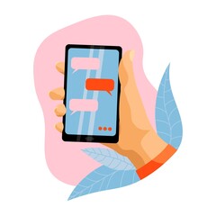 The right female hand holds a black smartphone. The phone displays text message icons, taiping. Digital technology and communication concept. In the background there is a pink cloud and blue leaves.