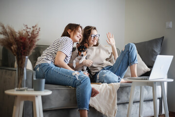Beautiful happy lesbian couple sitting on sofa at home with pet dog bassengi online chatting using laptop, happy family - Powered by Adobe