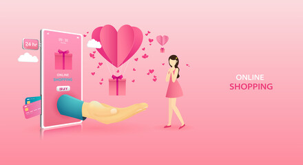 Happy Valentine's day Sale banner or Promotion on pink background. Online shopping store on mobile phone concept for online gifts ordering and delivery service. Vector illustration.