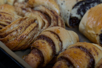 Rich pastries. The buns are on a baking sheet. Filling with poppy seeds, walnuts. Close-up shot.