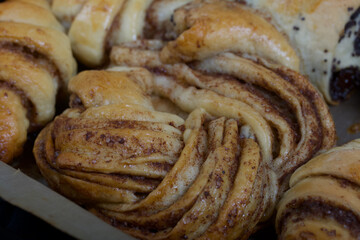 Rich pastries. The buns are on a baking sheet. Filling with poppy seeds, walnuts. Close-up shot.