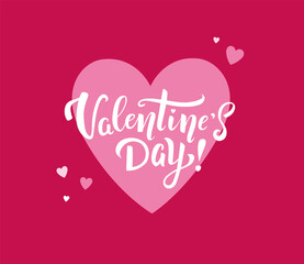 Valentine's day handwritten lettering with pink hearts on red background