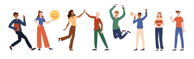 Diverse multiracial young people are standing in line to communicate positive thoughts and feelings to each other. Flat cartoon vector illustrations isolated on white background