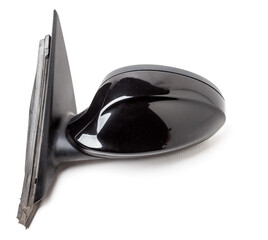 Close-up on a side mirror from a sedan with turn signal repeaters for repair and replacement after an accident in a workshop. Auto service industry. Spare parts catalog.