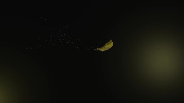 A gold butterfly is flying and yellow flower pollen trail with black background (3D Rendering)
