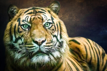 portrait of a tiger with bright green eyes