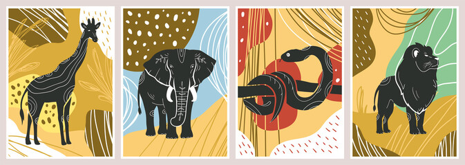 Wild jungle animals such as snake, giraffe, elephant and lion abstract poster set. Set of print templates. Animals with floral ornament and geometrical shapes on back. Vectror illustrations © Rudzhan