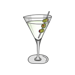Glass of Dry Martini cocktail and olives on a white background. Hand drawing alcohol cocktail. Vector illustration in cartoon style.