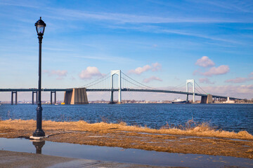 Throgs Neck Bridge and Long Island Sound in New York City seen from Bayside Queens towards the Bronx