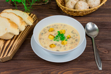 Homemade vegetarian mushroom soup with vegetables and bread in white plate