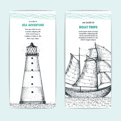 Hand drawn nautical banner set. Sketch illustration. Sailboat and lighthouse sketch illustration. Sea set.