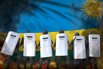 Rwanda police squad protecting order against mutiny - protest fighting concept, military 3D Illustration on flag background