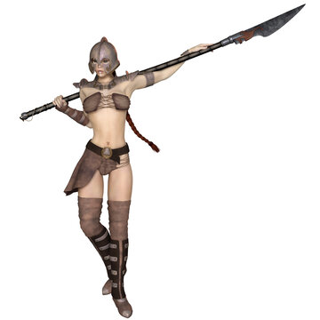 Female Barbarian Hunter Standing with Spear, 3d digitally rendered fantasy illustration