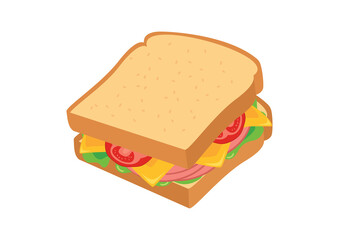 Delicious sandwich with ham, cheese and vegetables icon vector. Healthy snack vector. Sandwich icon isolated on a white background. Toasted bread with cheese, ham and tomatoes clip art