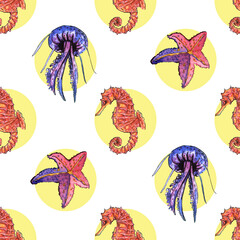 Sea, Marine life, seabed, fish and seahorse, corals. Watercolor illustration seamless pattern 