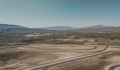 Drone Aerial view of the Circuito De Almeria Race Track in the Tabernas Desert Spain