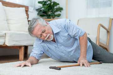 Senior man fell to the ground, Elderly Asian man with chest pain from a heart attack.