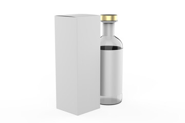 Glass Bottle Mockup with box isolated white background. 3d illustration