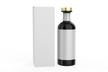 Glass Bottle Mockup with box isolated white background. 3d illustration