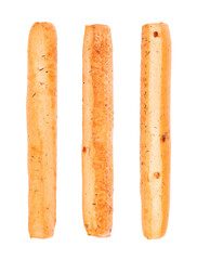 Bread sticks isolated on white background. Grissini, Italian breadsticks with onions and herbs. Top view.