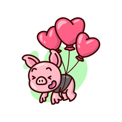 CUTE PIG WEARING BLACK T SHIRT IS FLOWN BY RED HEART SHAPE BALLOONS. VALENTINE'S DAY ILLUSTRATION.
