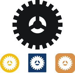 A wheel icon, for in-app settings, or a website with a gear shape, in three different colors. Vector illustration.