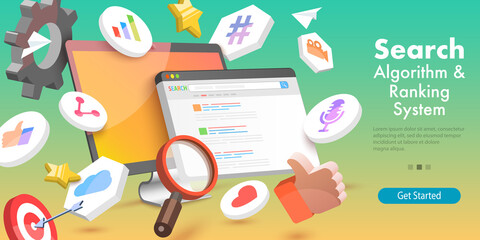 3D Vector Conceptual Illustration of SEO Algorithm, Web Search Engine, Page Optimization, Digital Marketing.