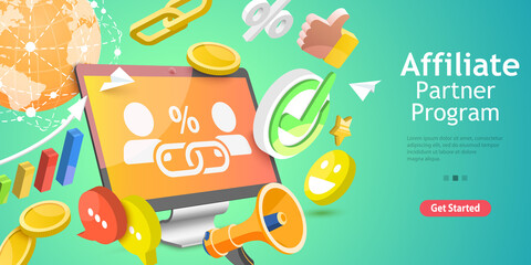 3D Isometric Flat Vector Conceptual Illustration of Affiliate Sales, Referral Program, Marketing Strategy.