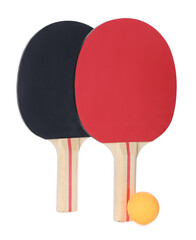 Orange plastic ball and rackets for table tennis on white background