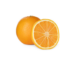 Cut and whole ripe oranges on white background