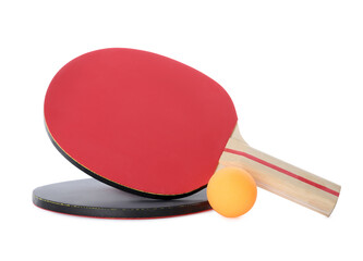 Orange plastic ball and rackets for table tennis on white background