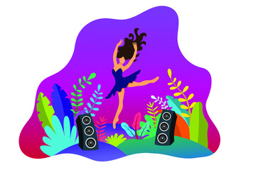 beautiful girl dancing with the music. dancing girl flat illustration. music box. beautiful floral element.