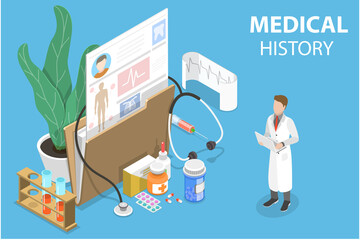 3D Isometric Flat Vector Conceptual Illustration of Mecial History, Health Record, Doctor's Prescription. - obrazy, fototapety, plakaty