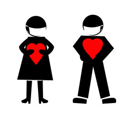 icone uomo e donna con cuore rosso e mascherine