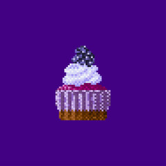 Pixel dessert. Chocolate cupcake with blackberry cream. Isolated on dark background.
